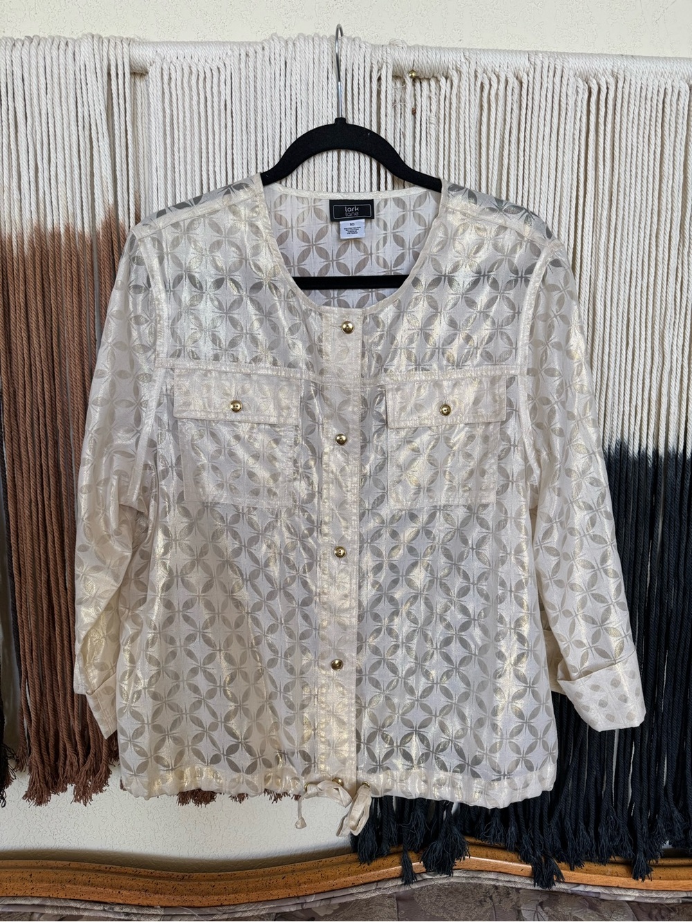 Cream and gold metallic sheer Lark Lane blouse with button-up front
